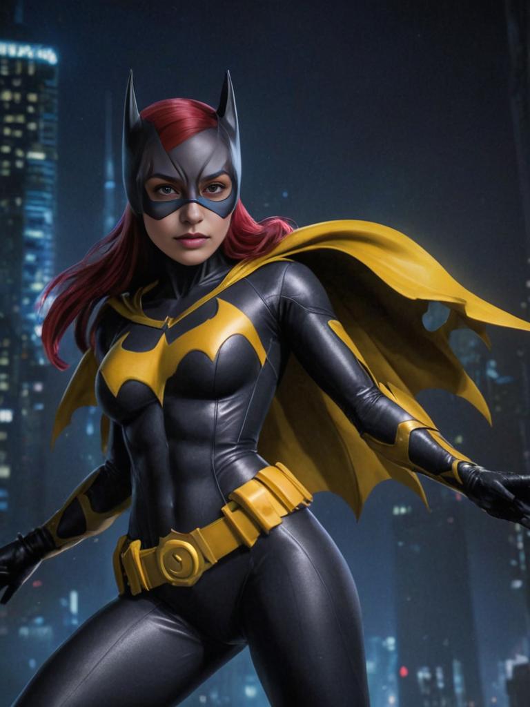 Woman Cosplaying as Batgirl Against Cityscape