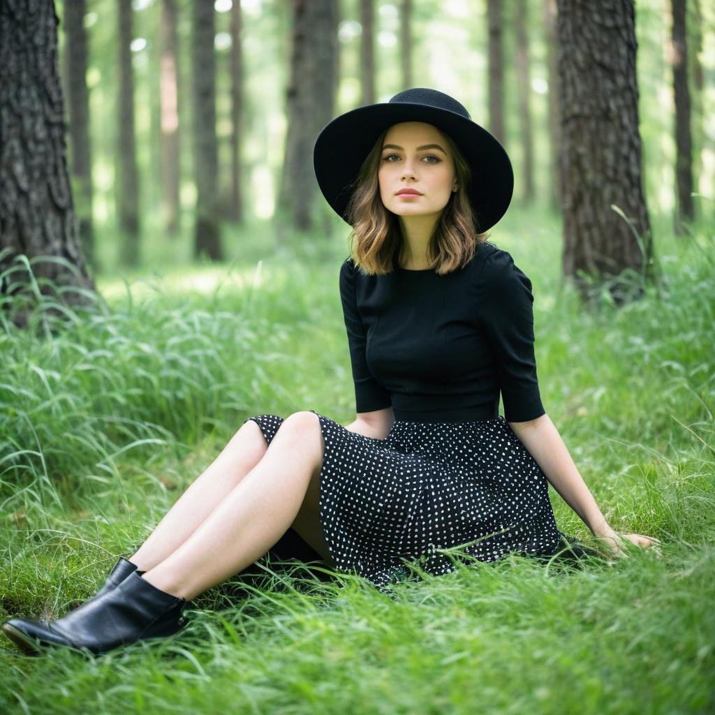 Stylish Woman in Forest with Polka Dot Skirt