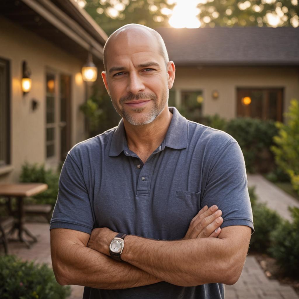 Confident man in serene outdoor setting at sunset