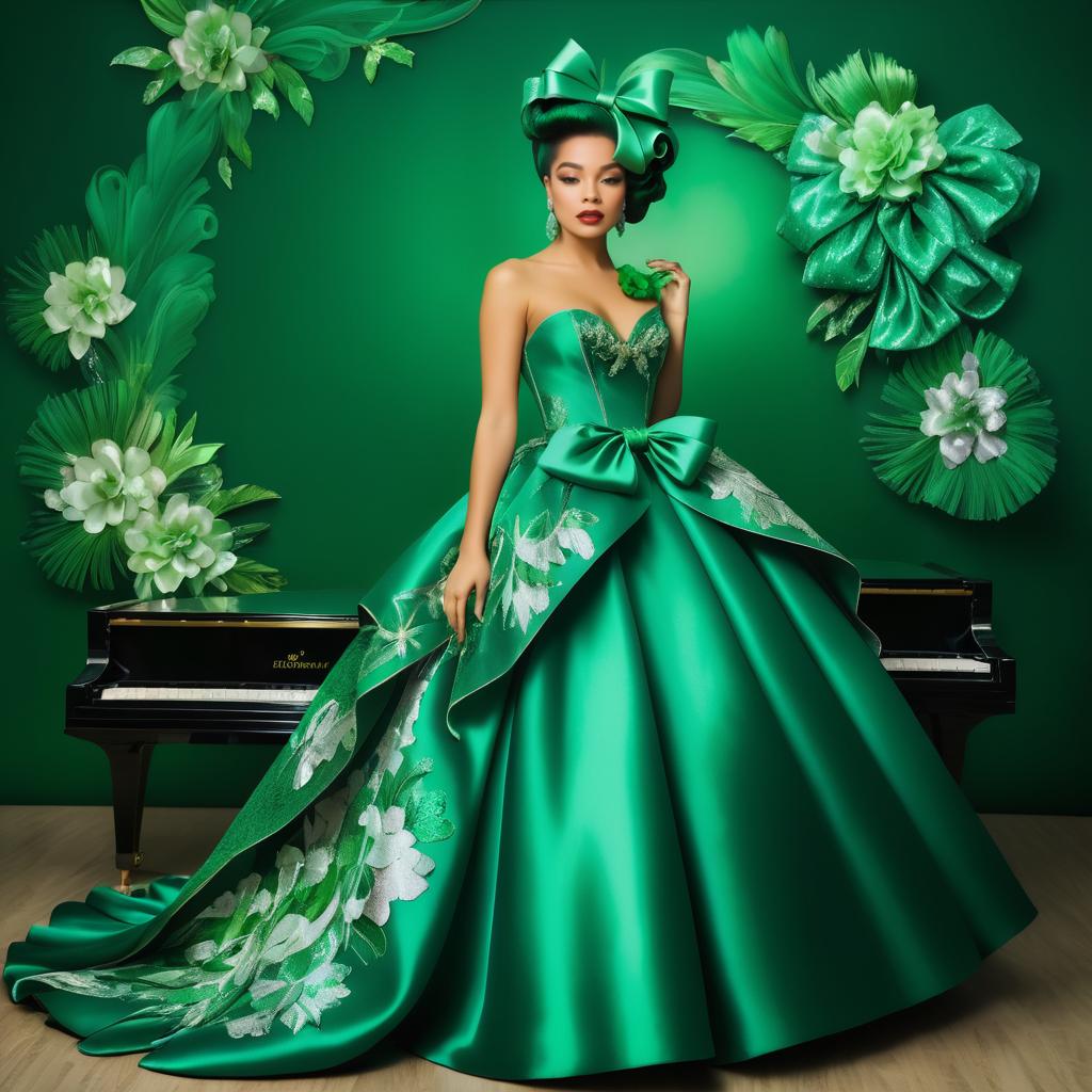 Glamorous Woman in Green Gown with Floral Designs