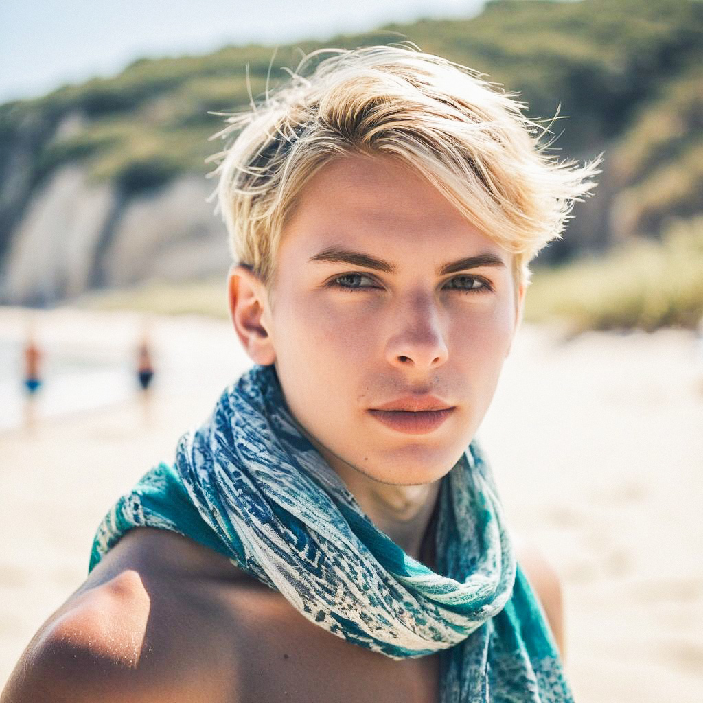 Confident Young Man on Sunlit Beach with Scarf Confident Young Man on Sunlit Beach with Scarf