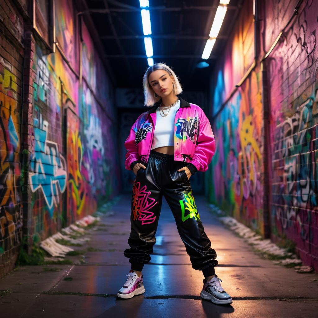 Stylish Woman in Pink Bomber Jacket in Graffiti Alley