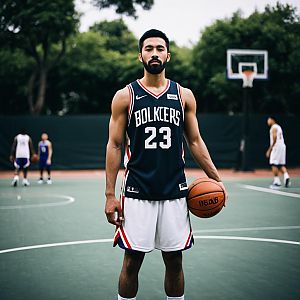 Confident Young Man in Basketball Uniform on Court