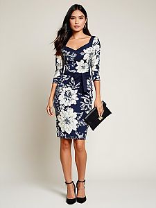 Woman Wearing Classic Knee-Length Navy and Off-White Floral Bodycon Dress