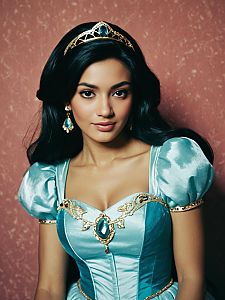 Woman Dressed as Disney Princess Jasmine in Blue Gown and Tiara