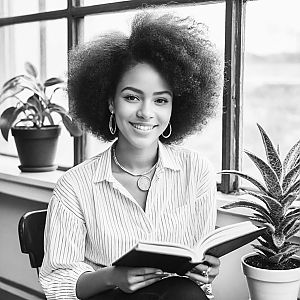 Young Woman with Curly Hair Reading by Window