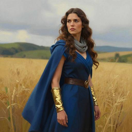 Woman in Blue Medieval Costume with Golden Bracers in Wheat Field