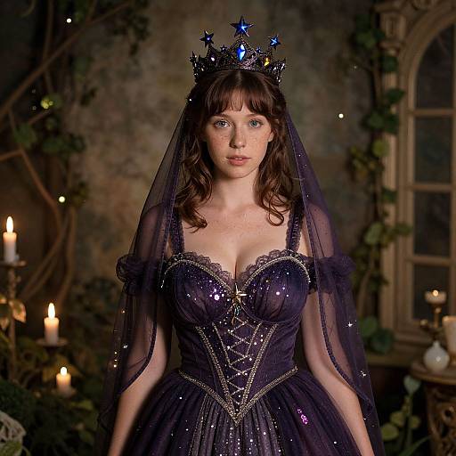 Mystical Queen in Purple Gown with Crown in Enchanted Setting