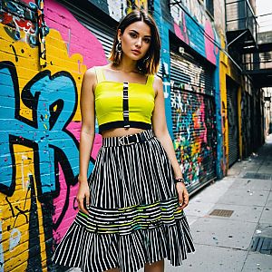 Young Woman in Bright Yellow Top and Striped Skirt Against Graffiti Wall