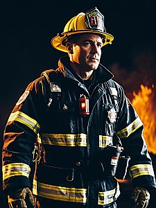 Man in Firefighter Costume Waist Up Editorial Photo with Dramatic Lighting