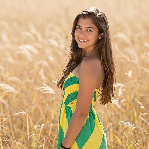 Happy Young Woman Smiling in Wheat Field Wearing Green and Yellow Dress