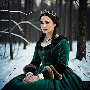 Young Woman in Emerald Velvet Gown in Snowy Forest