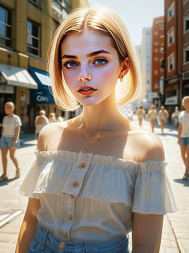Young Woman in Off-Shoulder Blouse on Sunlit City Street