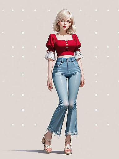 Realistic Full Body Illustration of Woman in Casual Street Style Outfit with Red Blouse and Denim Jeans