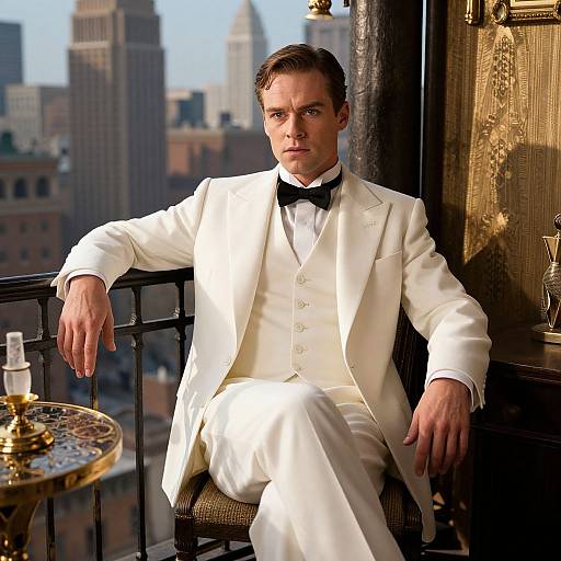 Man in Classic White Tuxedo on Balcony with City View in 1920s Gatsby Style
