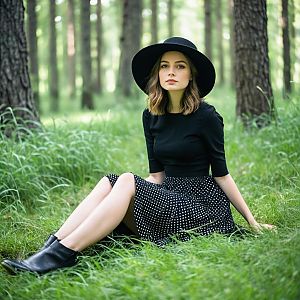 Stylish Woman in Forest with Polka Dot Skirt