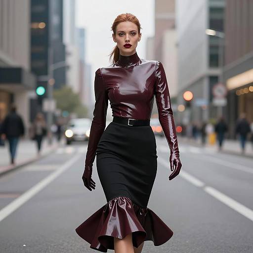 Modern Gen Z Fashion Woman in Burgundy Latex and Black Skirt on City Street