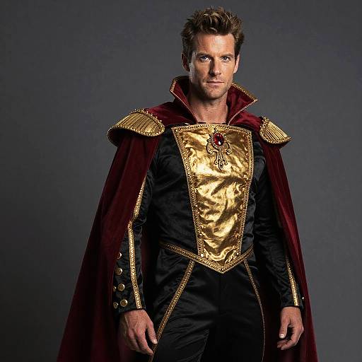 Man Wearing Peter Dundas Red Cape and Black Gold Costume