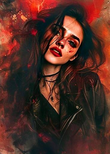 Edgy Digital Portrait of Woman with Red Makeup and Abstract Fiery Background