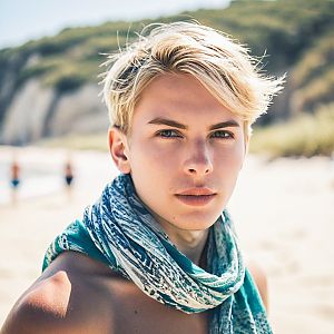 Confident Young Man on Sunlit Beach with Scarf