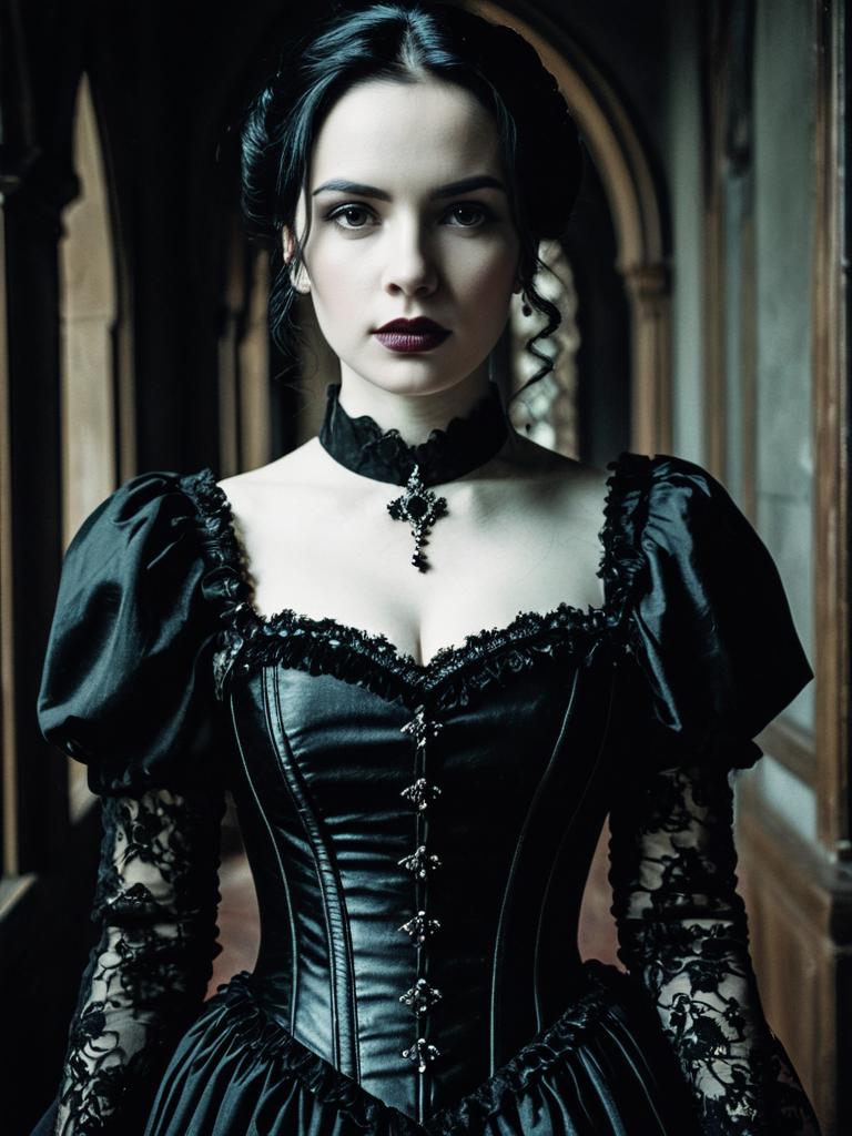 Woman in Gothic Gown Waist Up Editorial Portrait Photorealistic