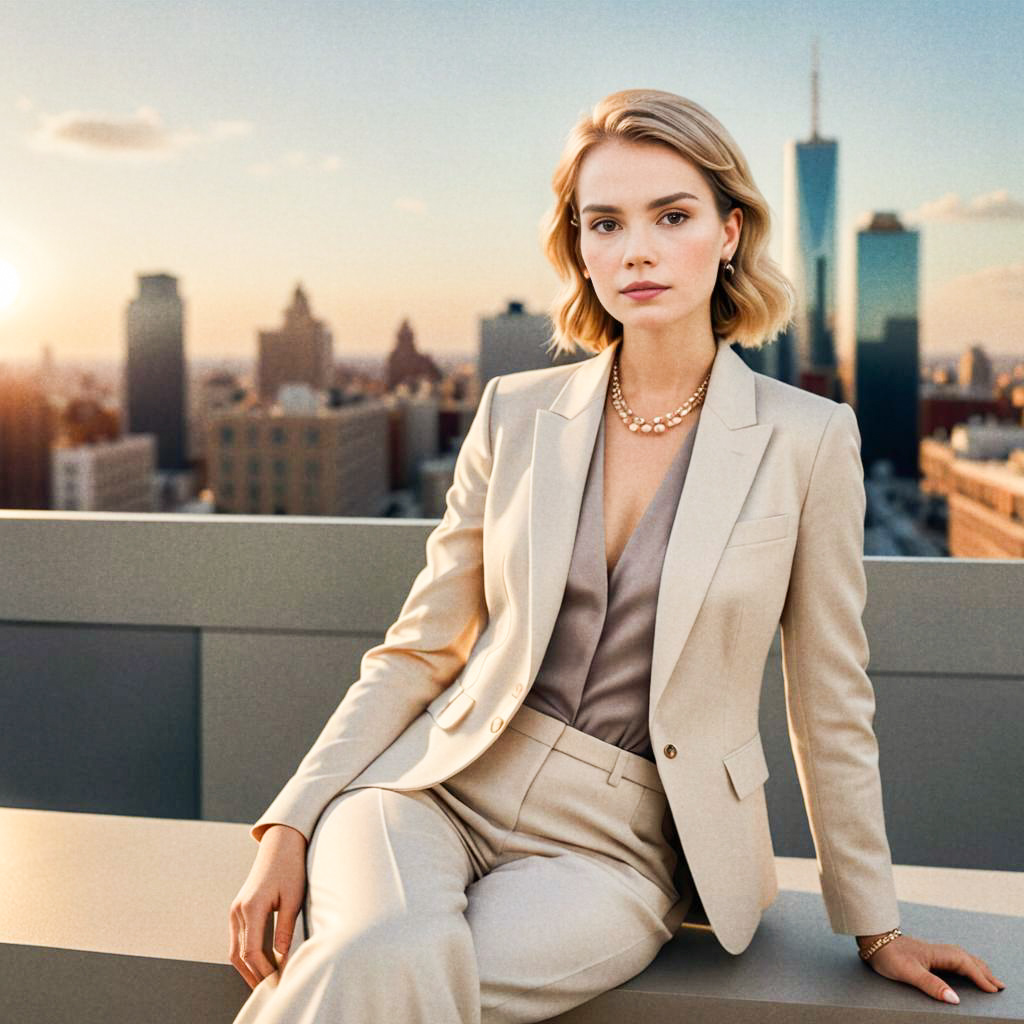 Confident Woman in Beige Suit at Sunset Cityscape