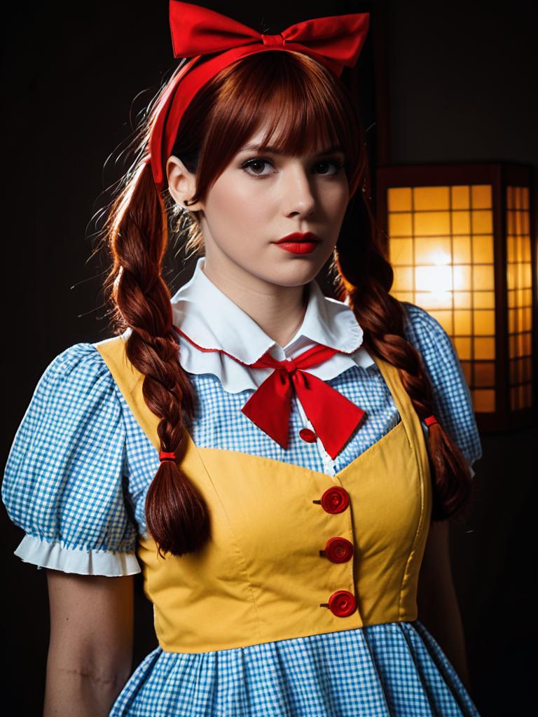 Sexy Cosplay Woman in Dorothy Catalonia Costume with Red Bow and Braids