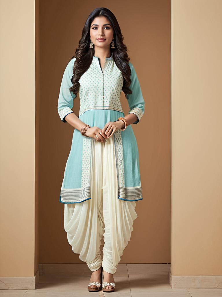 Elegant Woman in Pastel Blue and Cream Dhoti Suit Traditional Attire