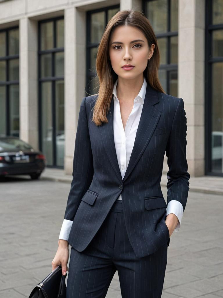 Confident Young Woman in Pinstripe Suit