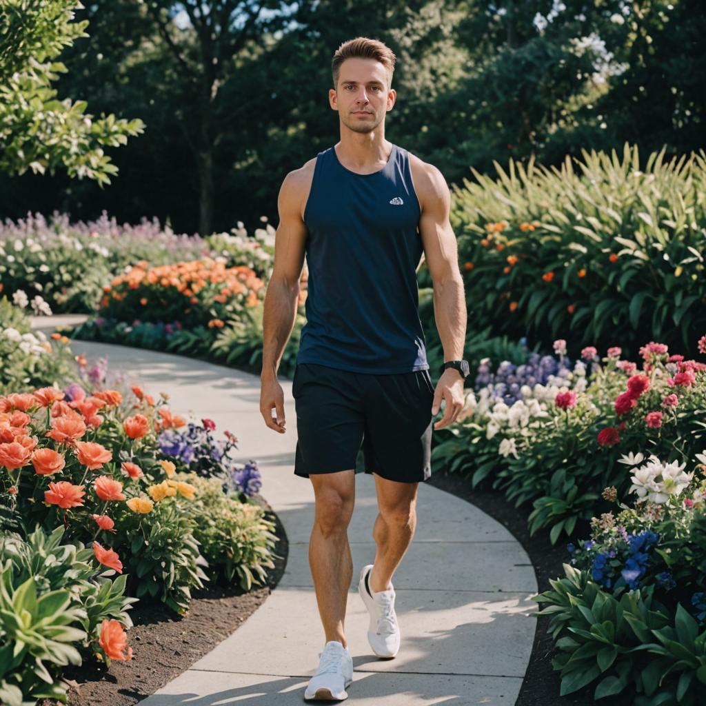 Confident Man in Athletic Attire Walking in Serene Garden