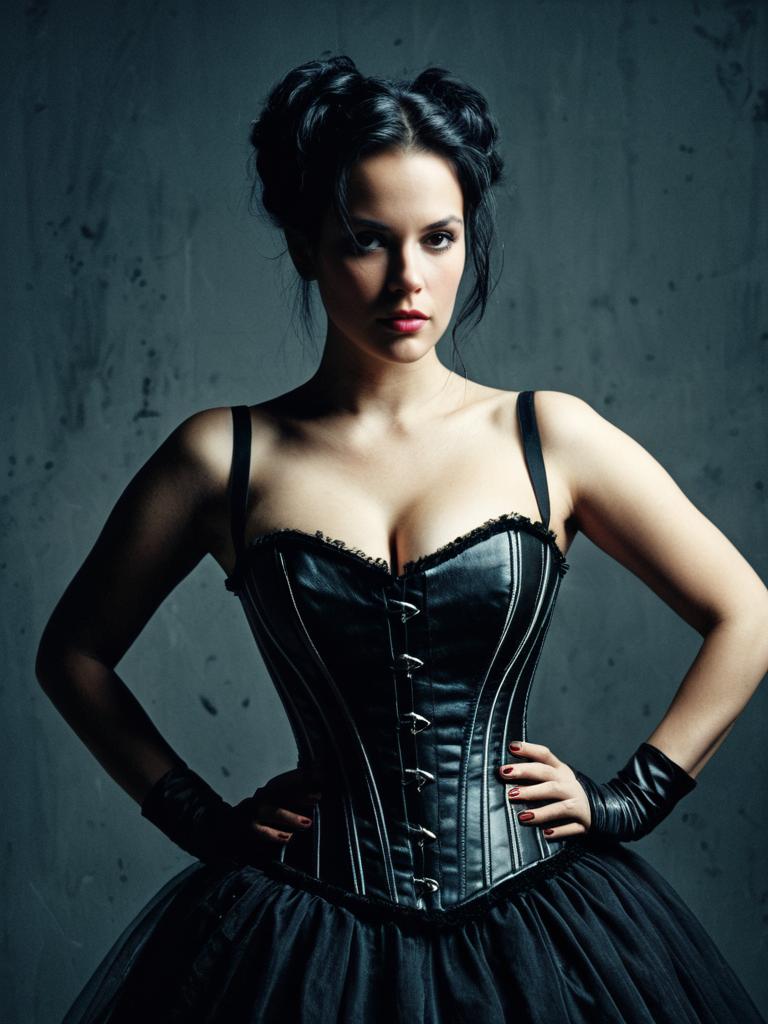 Dramatic Studio Portrait of Woman in Black Leather Corset Bustier Costume