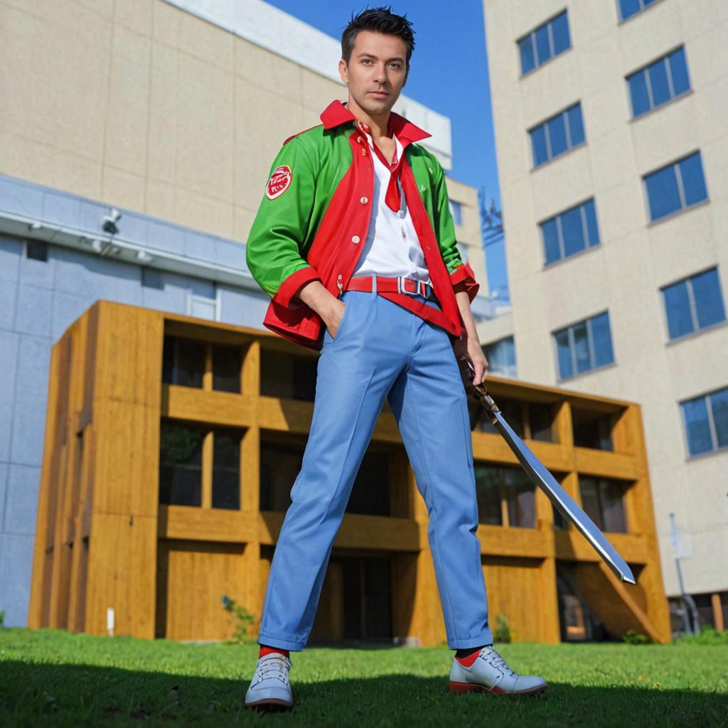 Man in Yusuke Urameshi Costume with Weapon in Urban Setting