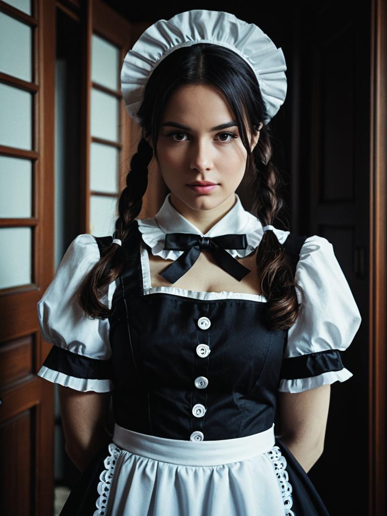 Dramatic Cosplay Portrait of Woman in Lockable Maid Costume