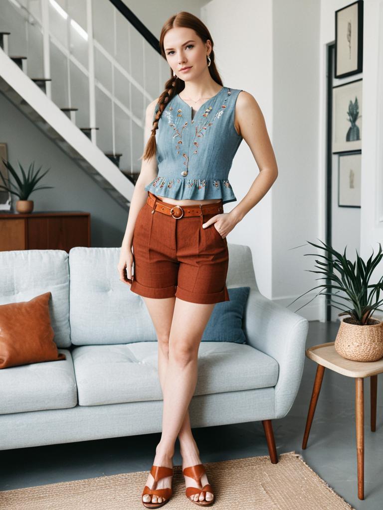 Young Woman in Embroidered Denim Top and Rust Shorts in Modern Living Room