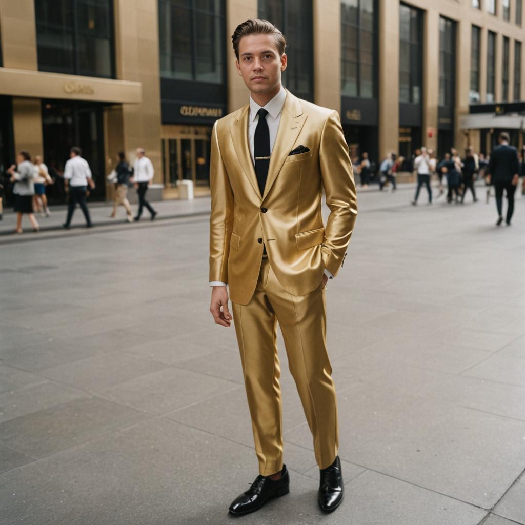 Confident Man in Golden Suit in Urban Setting