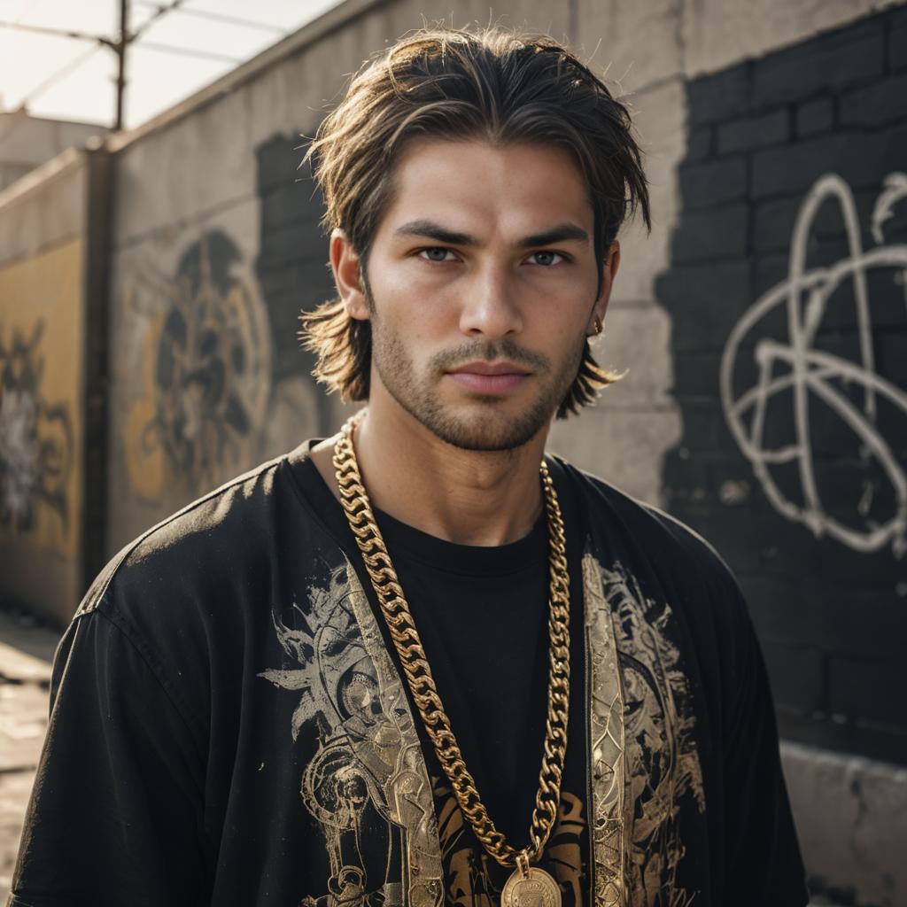 Stylish Young Man in Graphic Tee and Gold Chains