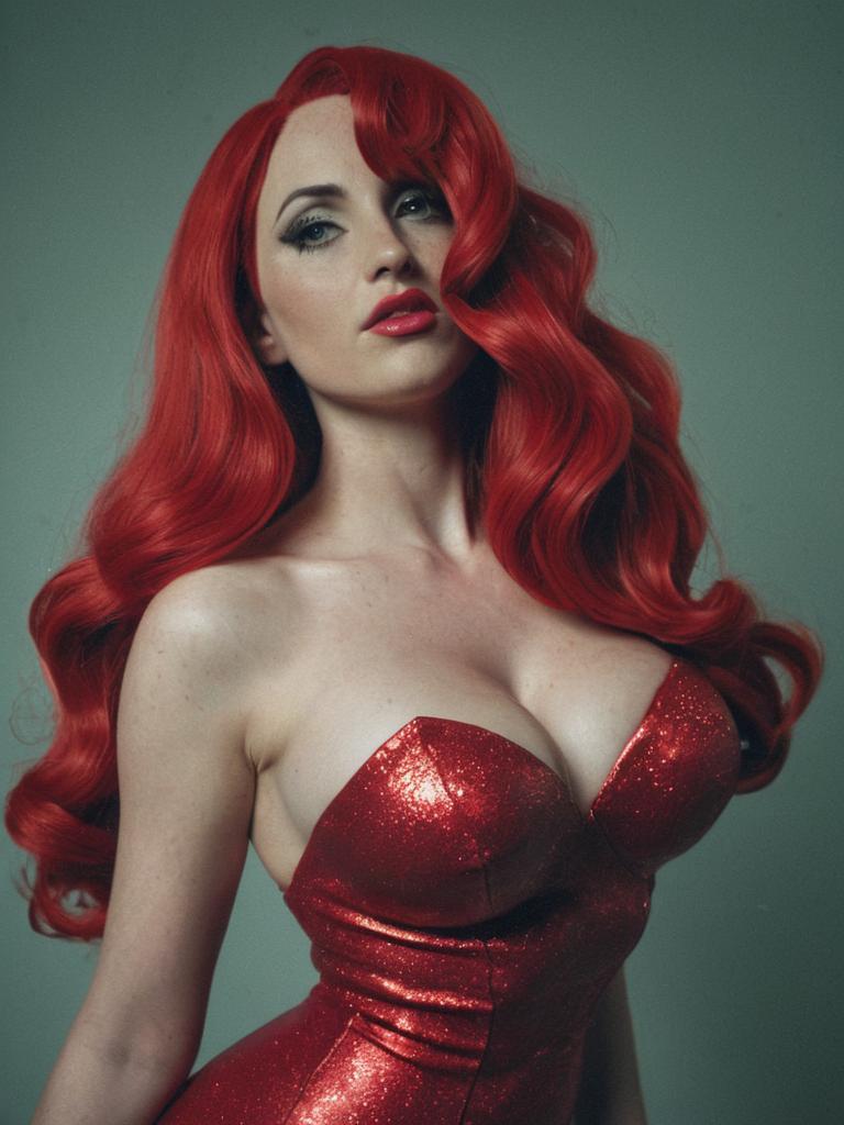 Glamorous Woman in Red Glitter Dress with Vintage Wavy Hair Pin-Up Style