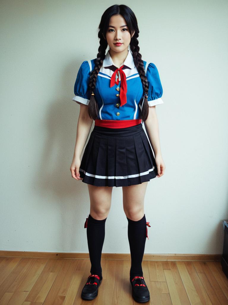 Young Woman in Blue Japanese Schoolgirl Uniform with Braided Hair