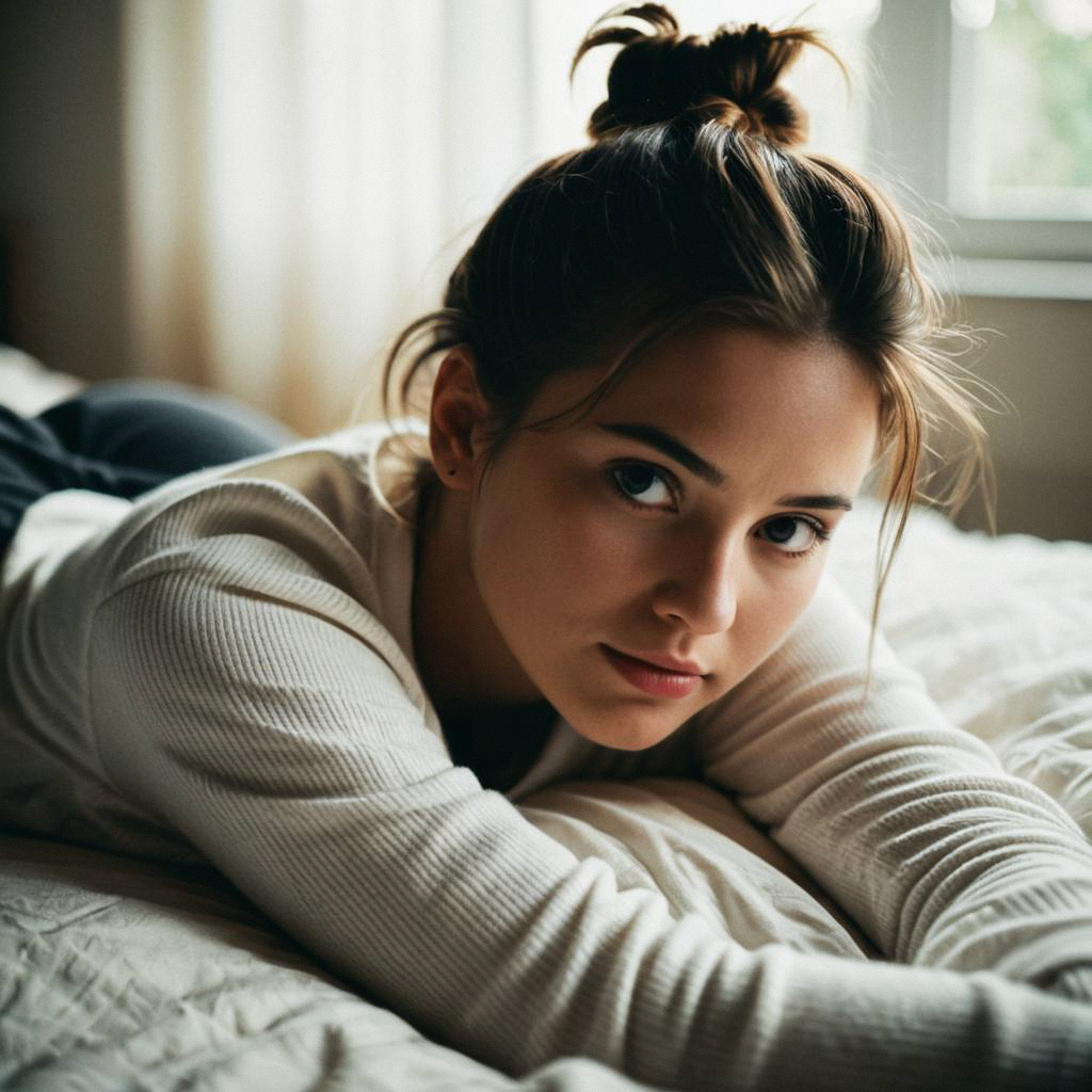Young Woman on Bed with Contemplative Expression Young Woman on Bed with Contemplative Expression