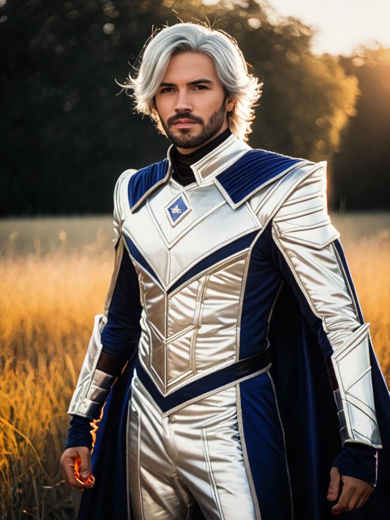 Man in Platinum Berlitz Cosplay Costume with Silver Hair in Field