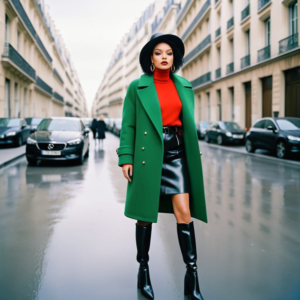 Fashionable Woman in Green Coat on Paris Street