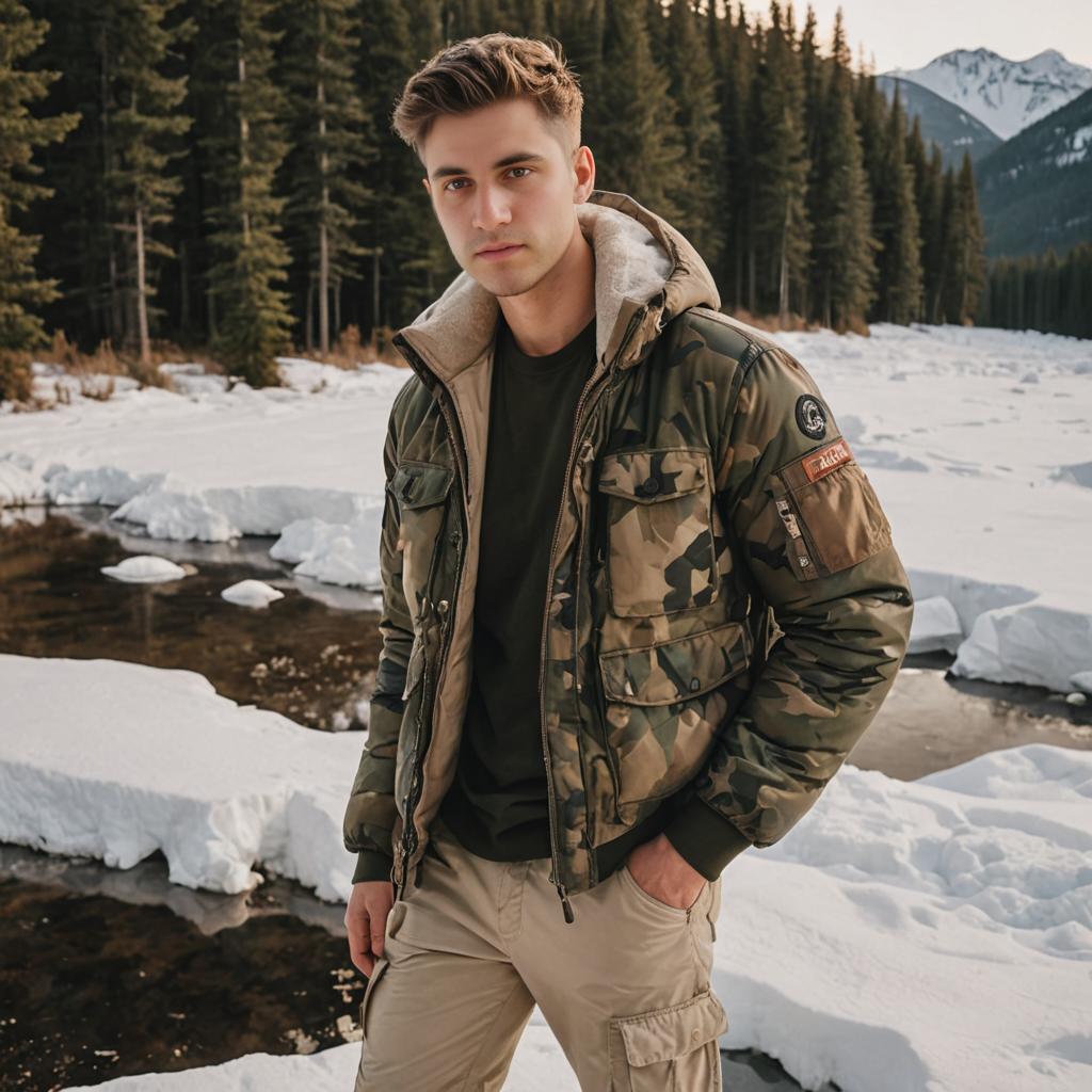 Man in Camo Jacket in Snowy Landscape