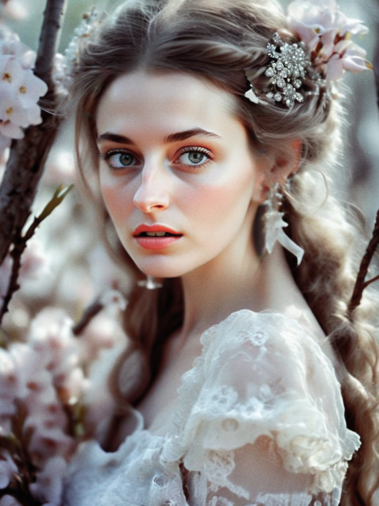 Young Woman with Blue Eyes and Floral Hair in Cherry Blossom Setting