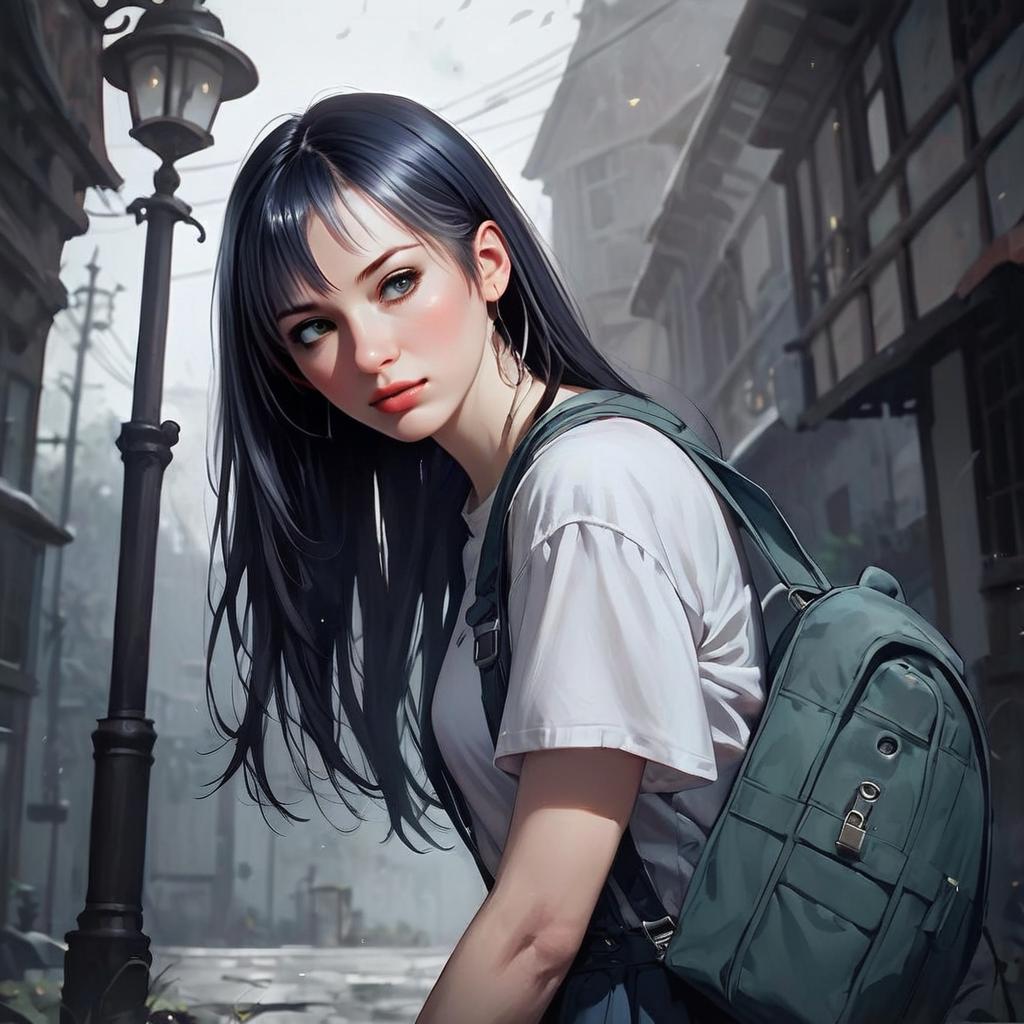 Young Woman on Misty Street with Teal Backpack