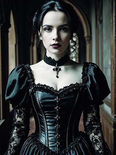 Woman in Gothic Gown Waist Up Editorial Portrait Photorealistic
