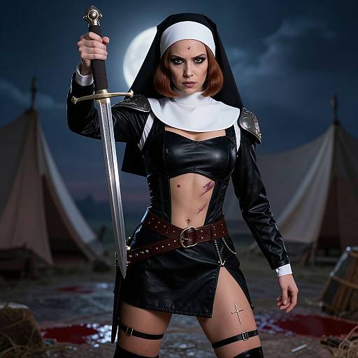 Warrior Nun Costume with Sword in Moonlit Battle Scene