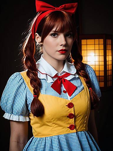 Sexy Cosplay Woman in Dorothy Catalonia Costume with Red Bow and Braids