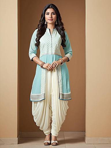 Elegant Woman in Pastel Blue and Cream Dhoti Suit Traditional Attire
