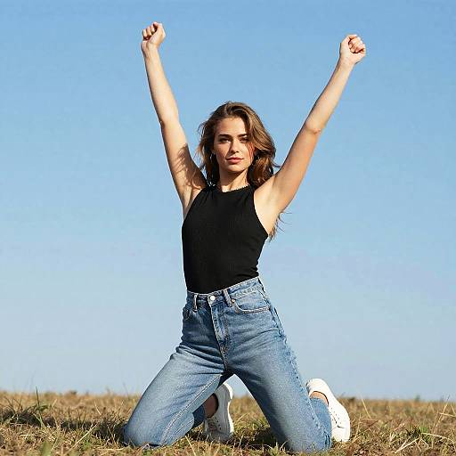 Confident Woman Kneeling Outdoors in Black Top and Blue Jeans
