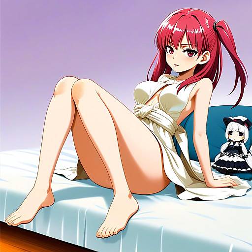 Anime Woman with Red Hair Sitting on Bed in White Dress Illustration